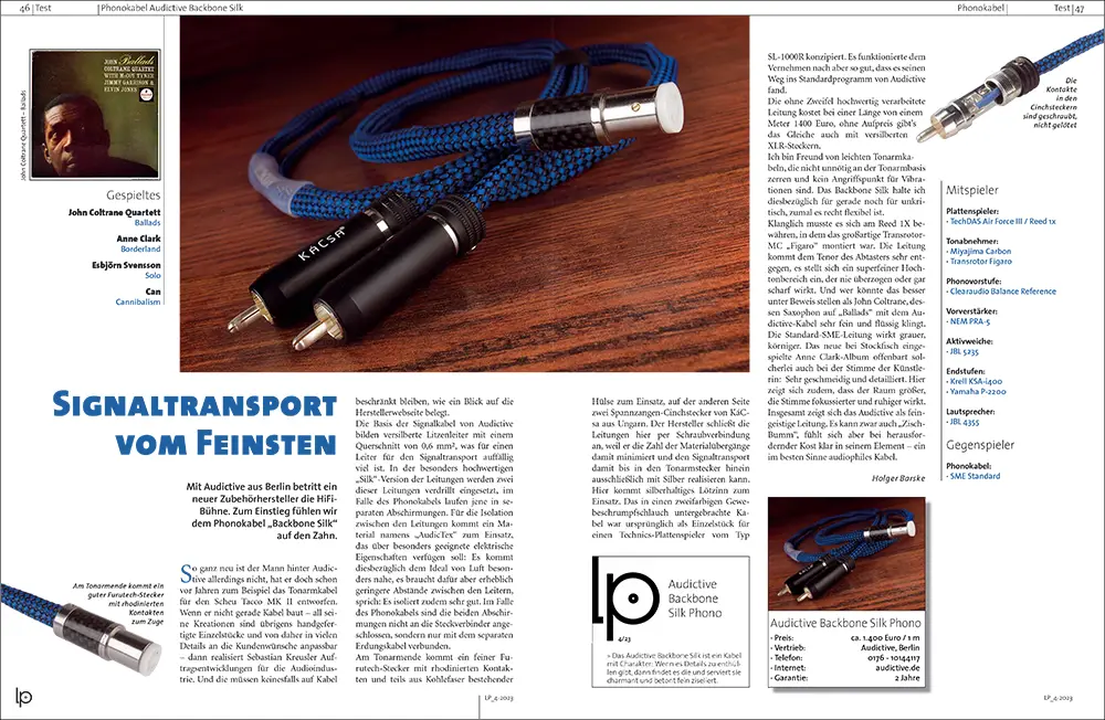 Review of Audictive backbone silk phono cable in German LP magazine 04/2023